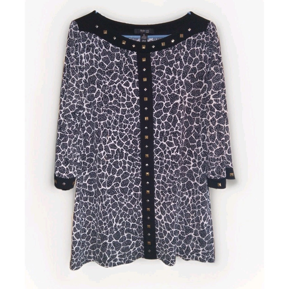 Style & Co Black & White Studded Blouse Top Sz PL Monochrome Office Career Chic
